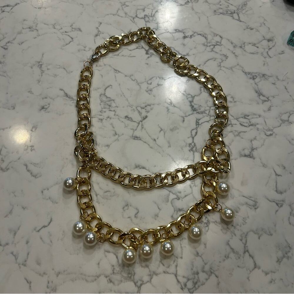 Gold Toned Double Chain w/ Faux‎ Pearl Necklace/Belly Chain